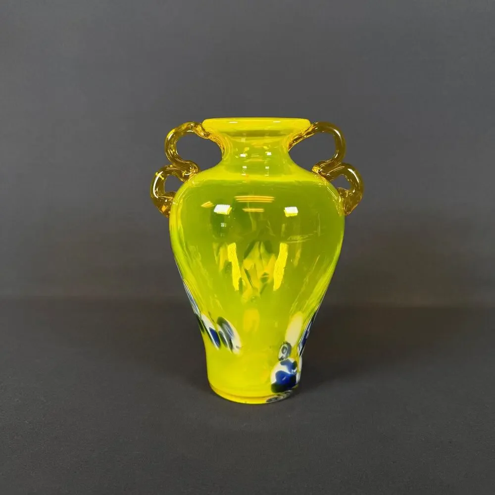 Hand Blown Art Glass Vase Yellow Handles Murano style vintage 7in